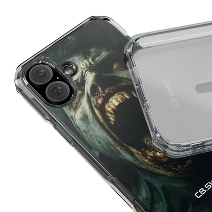 Ein Zombie mit scharfen Zähnen und offenem Mund, der Vampir zeigt. iPhone 16 – Impact Clear+