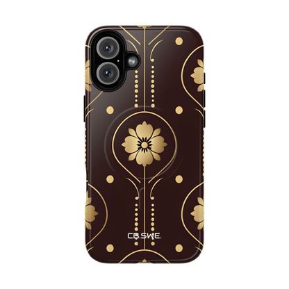 Elegant Gold Floral Symmetrical on Dark Brown iPhone 16 - Tough+
