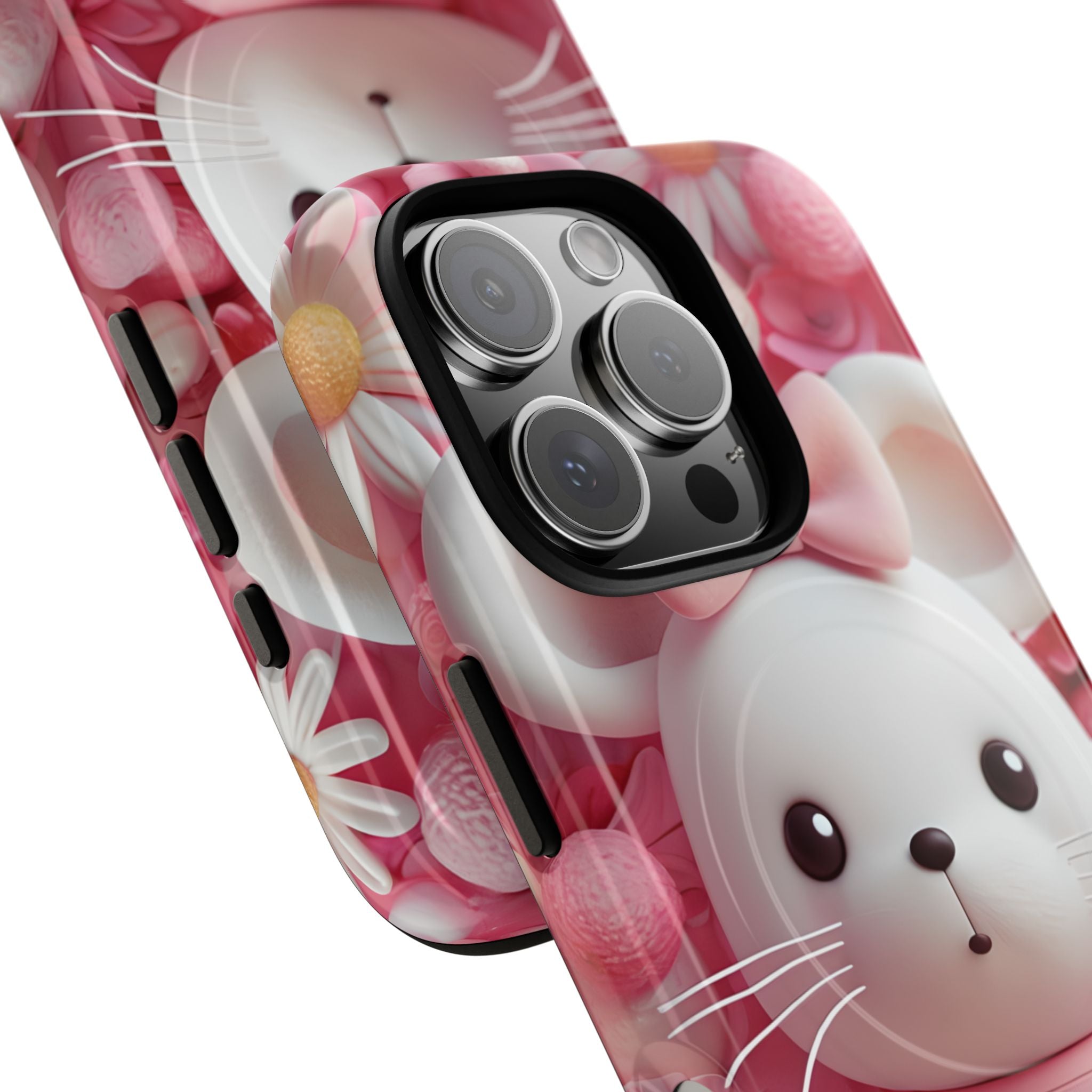 Adorable 3D Rendered White Mouse Plush Toy Floral iPhone 16 - Tough+
