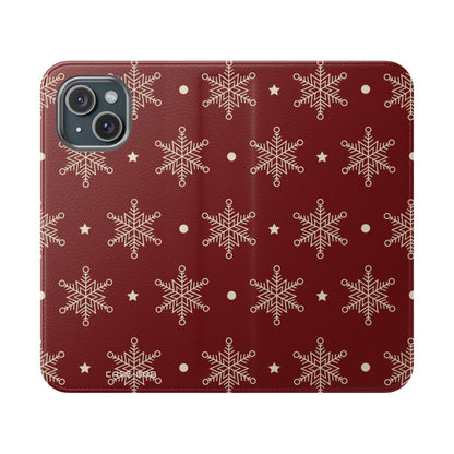 Cream Snowflakes Crimson - iPhone 15 Case - Wallet