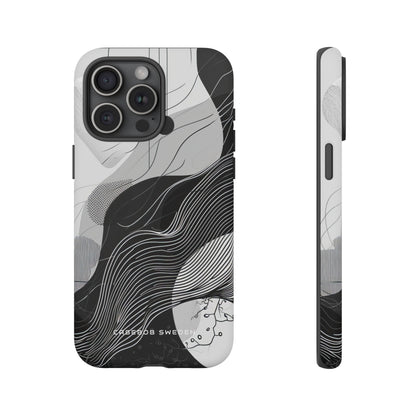 Fluid Rhythms: Monochrome Line Flow iPhone 15 - Tough Phone Case