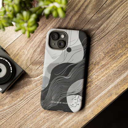 Fluid Rhythms: Monochrome Line Flow iPhone 15 - Tough Phone Case