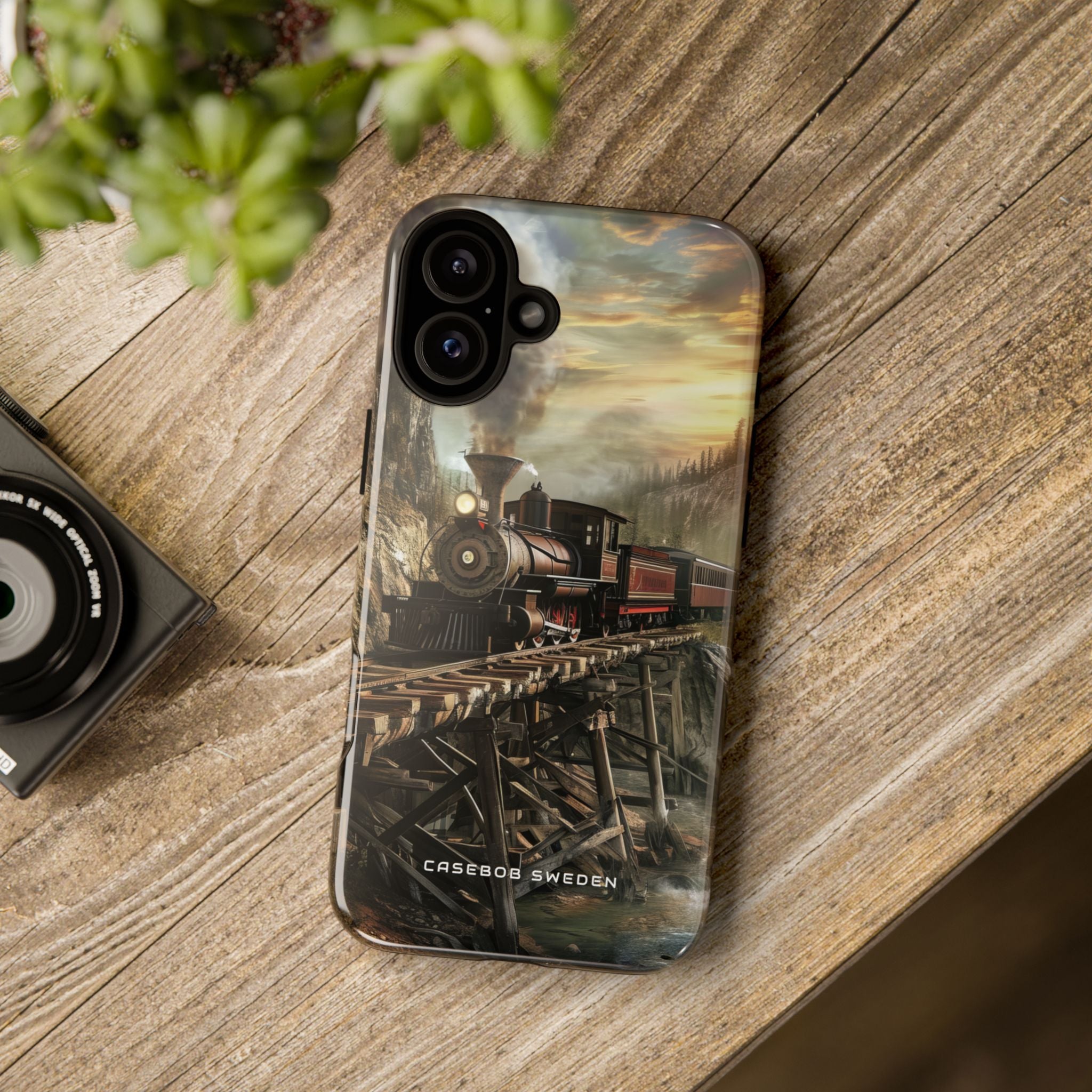 Vintage Steam Train Crossing Mountain Bridge iPhone 16 - Tough Phone Case