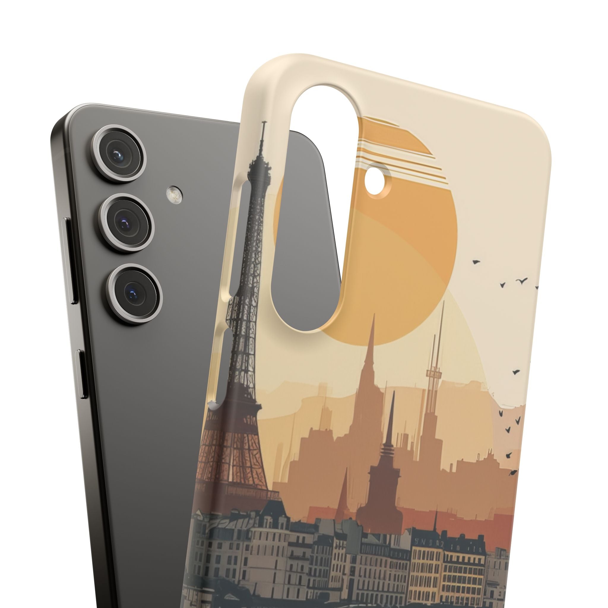 Eiffel Tower Silhouette with Birds and Sun Reflection Samsung S24 - Slim Phone Case