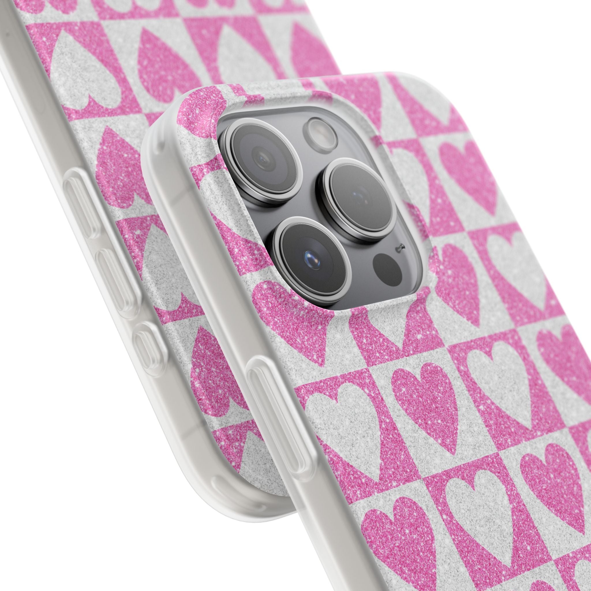 Glitter Heart Grid iPhone 15 Pro Case - Soft