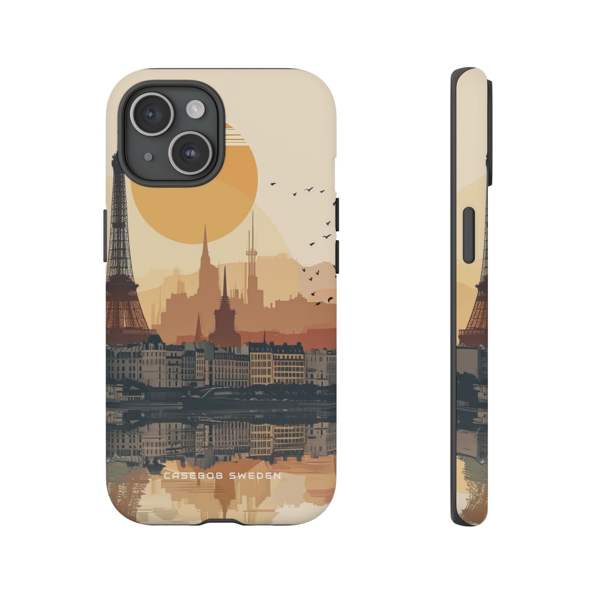 Eiffel Tower Silhouette with Birds and Sun Reflection iPhone 15 - Tough Phone Case