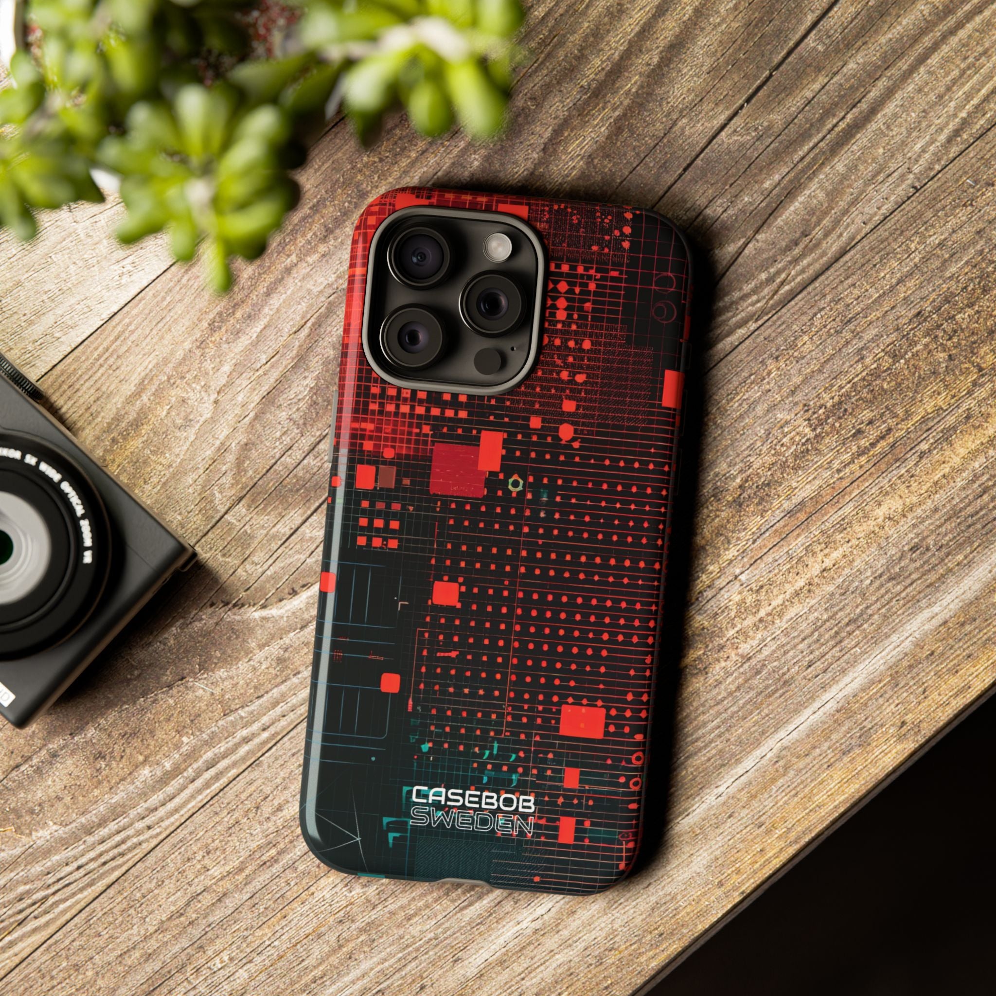 Crimson Circuit Grid iPhone 15 - Tough