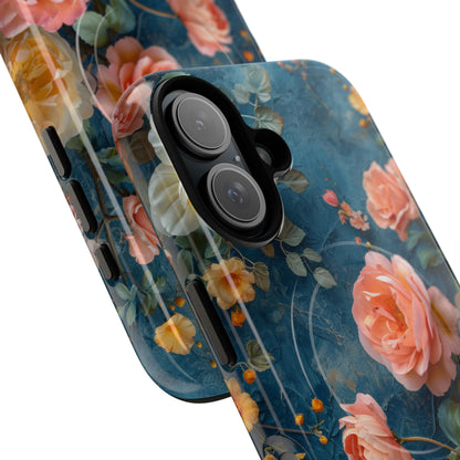 Blue Floral Elegance - Tough + MagSafe® iPhone 16 Phone Case