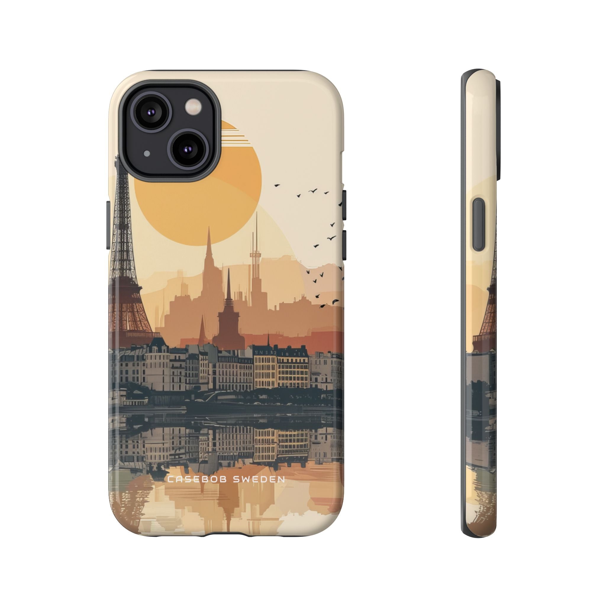 Eiffel Tower Silhouette with Birds and Sun Reflection iPhone 14 - Tough Phone Case