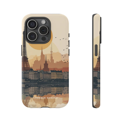 Eiffel Tower Silhouette with Birds and Sun Reflection iPhone 15 - Tough Phone Case