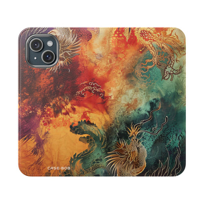 Kultaiset lohikäärmeet liekeissä - iPhone 15 -case - lompakkotaskulla