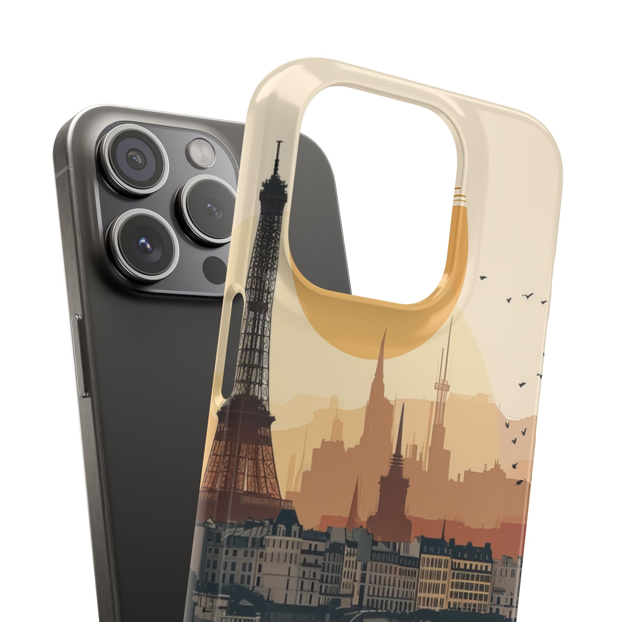 Eiffel Tower Silhouette with Birds and Sun Reflection iPhone 15 - Slim Phone Case