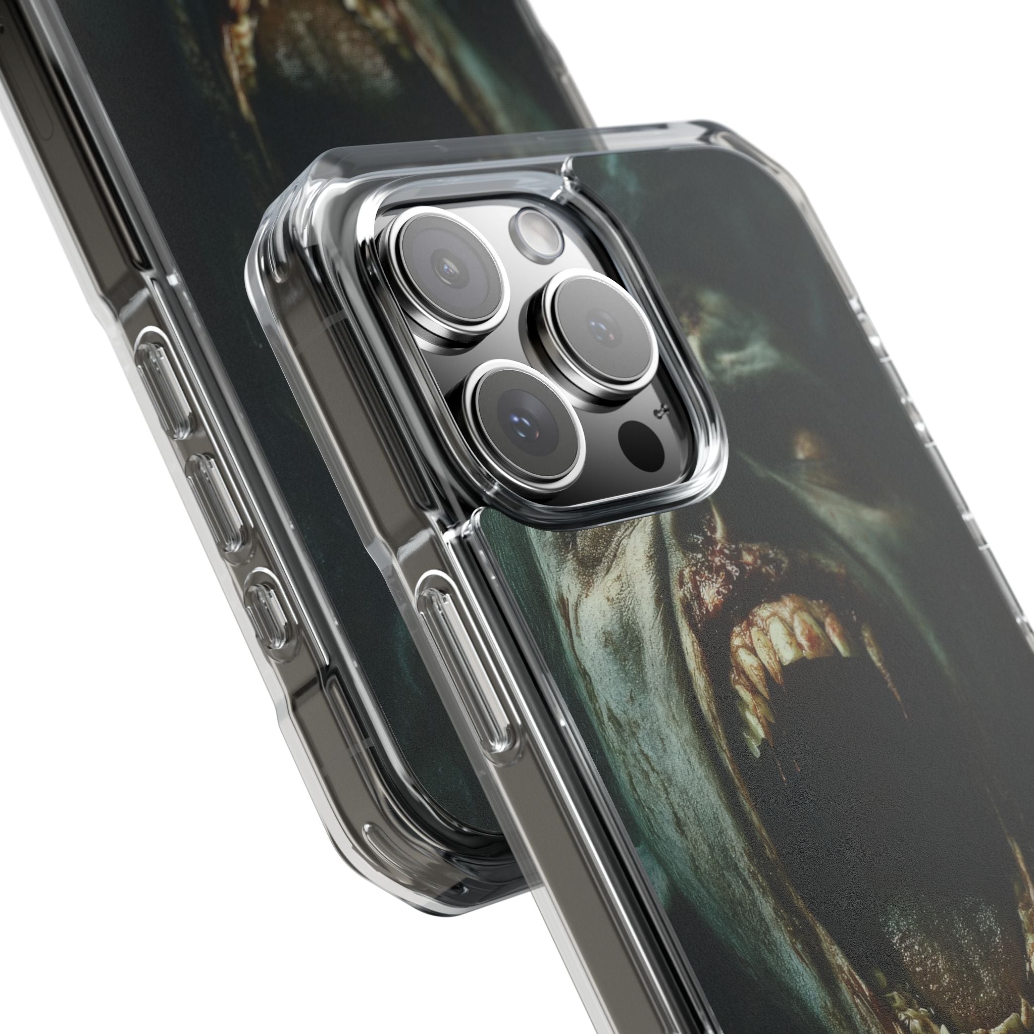 Ein Zombie mit scharfen Zähnen und offenem Mund, der Vampir zeigt. iPhone 16 – Impact Clear+