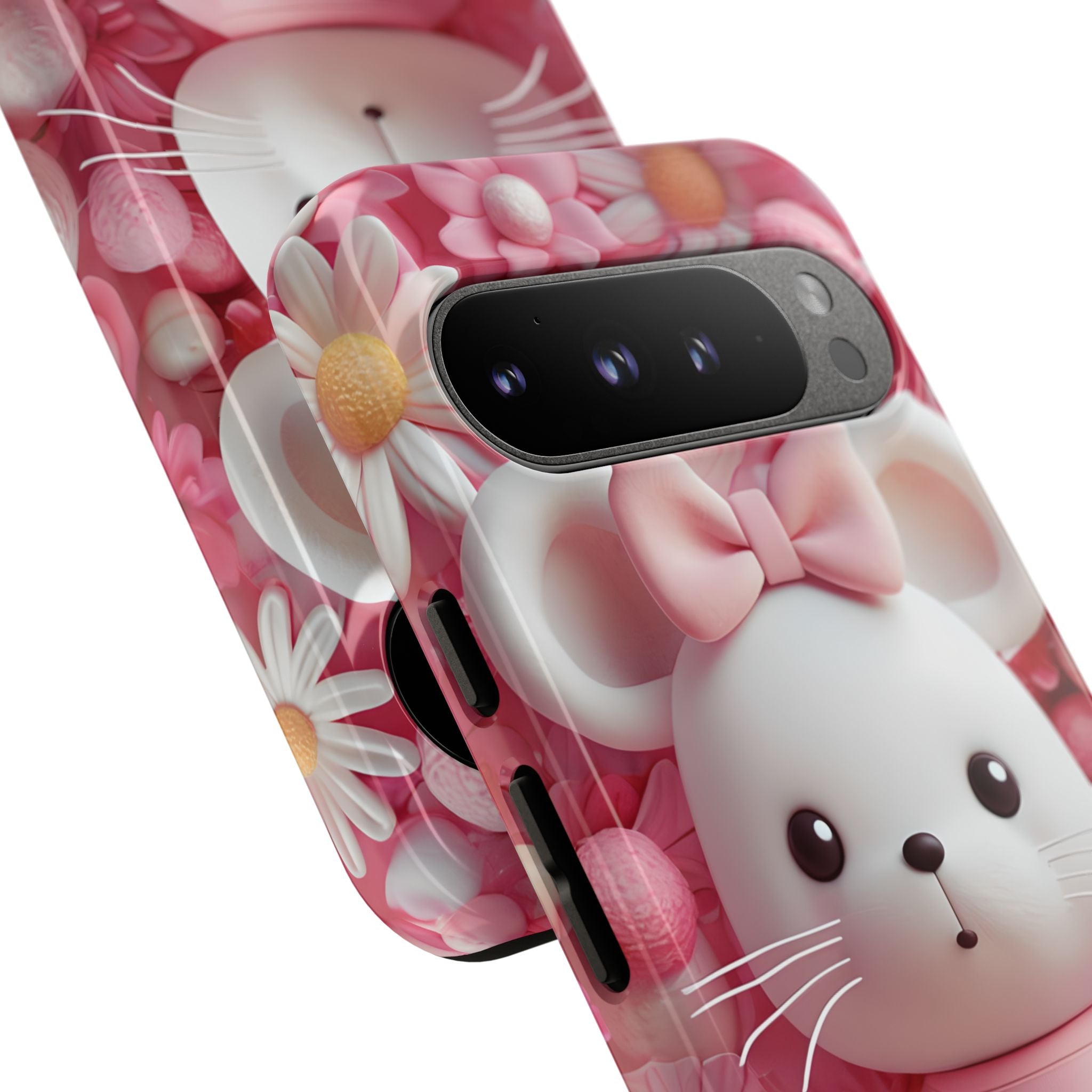 Entzückendes 3D-gerendertes weißes Maus-Plüschtier mit Blumenmuster für Google Pixel 9 – Robust