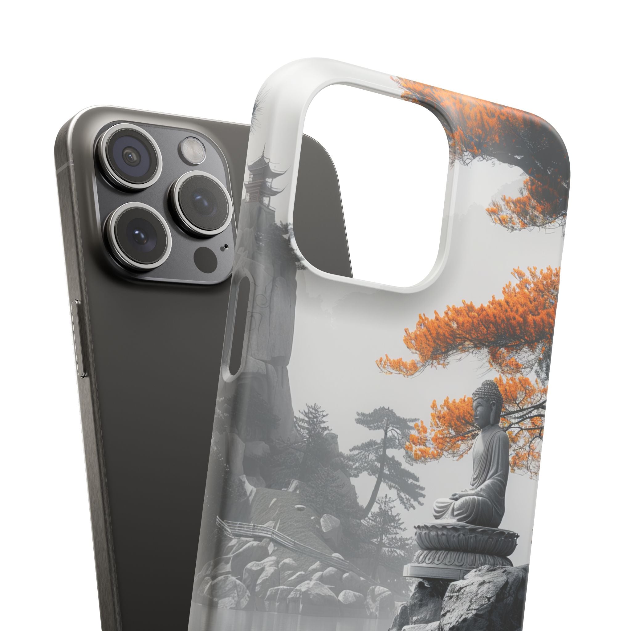 Zen Serenity: Tranquil Landscape with Buddha and Pagoda iPhone 15 - Slim Phone Case