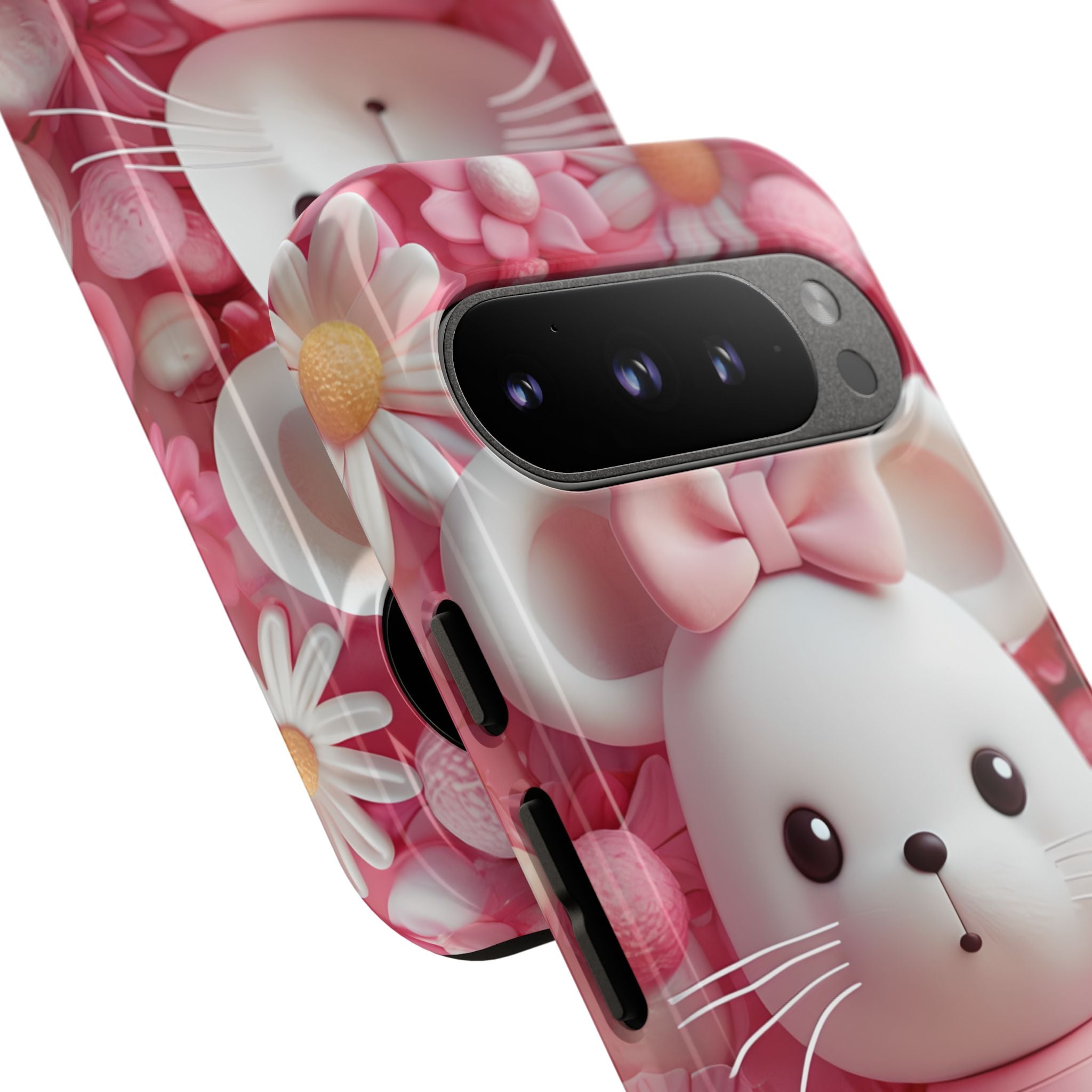 Entzückendes 3D-gerendertes weißes Maus-Plüschtier mit Blumenmuster für Google Pixel 9 – Robust