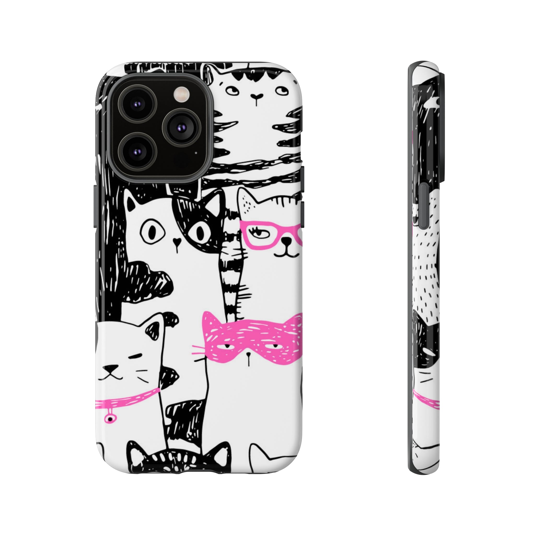 Black & Pink Cat Pattern iPhone Case (Protective) iPhone 14 Pro Max Glossy Phone Case