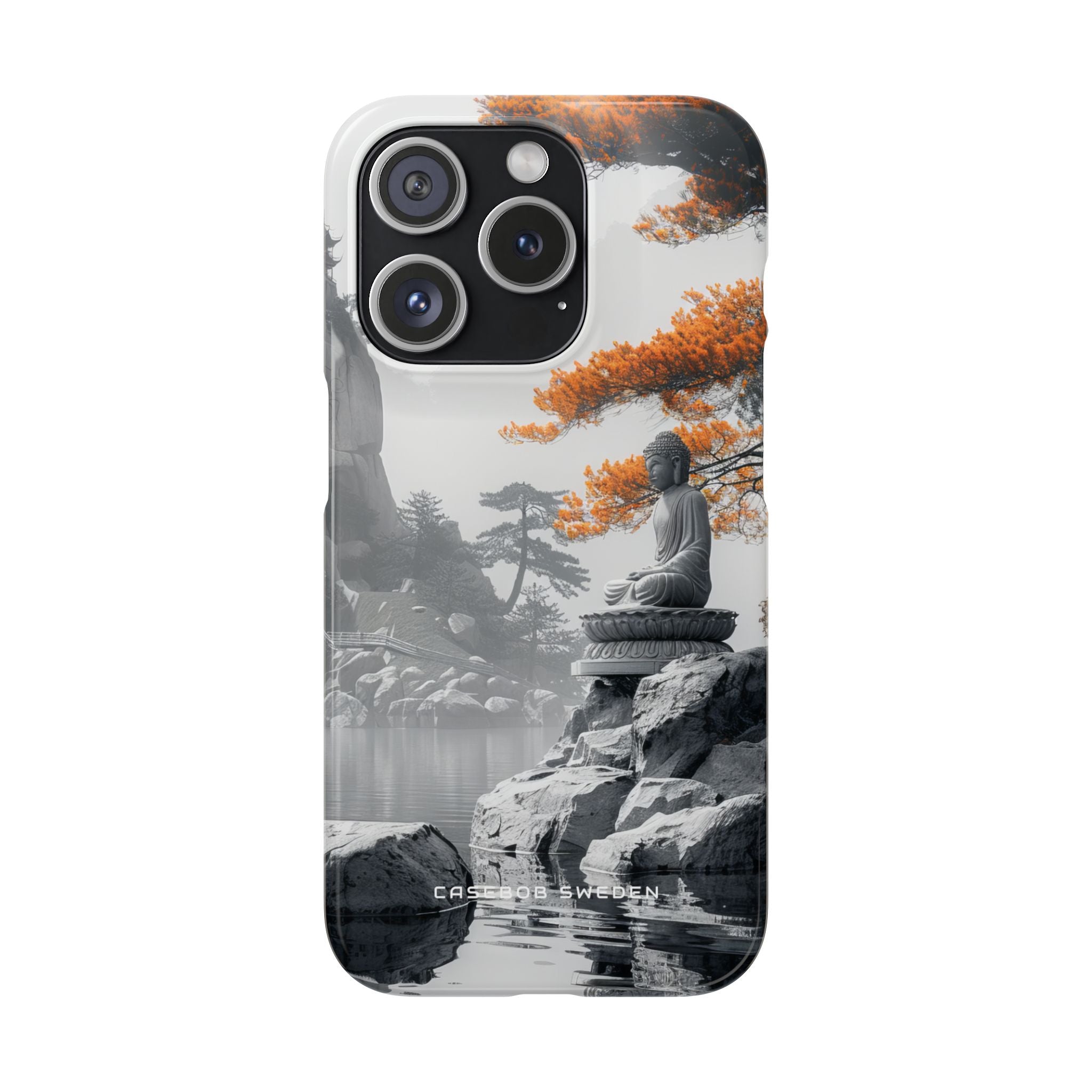 Zen Serenity: Tranquil Landscape with Buddha and Pagoda iPhone 15 - Slim Phone Case