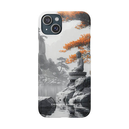 Zen Serenity: Tranquil Landscape with Buddha and Pagoda iPhone 15 - Slim Phone Case