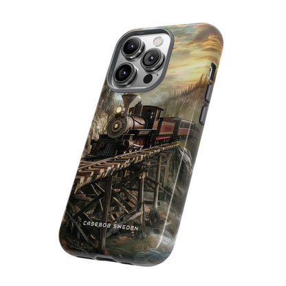 Vintage Steam Train Crossing Mountain Bridge iPhone 14 - Tough Phone Case