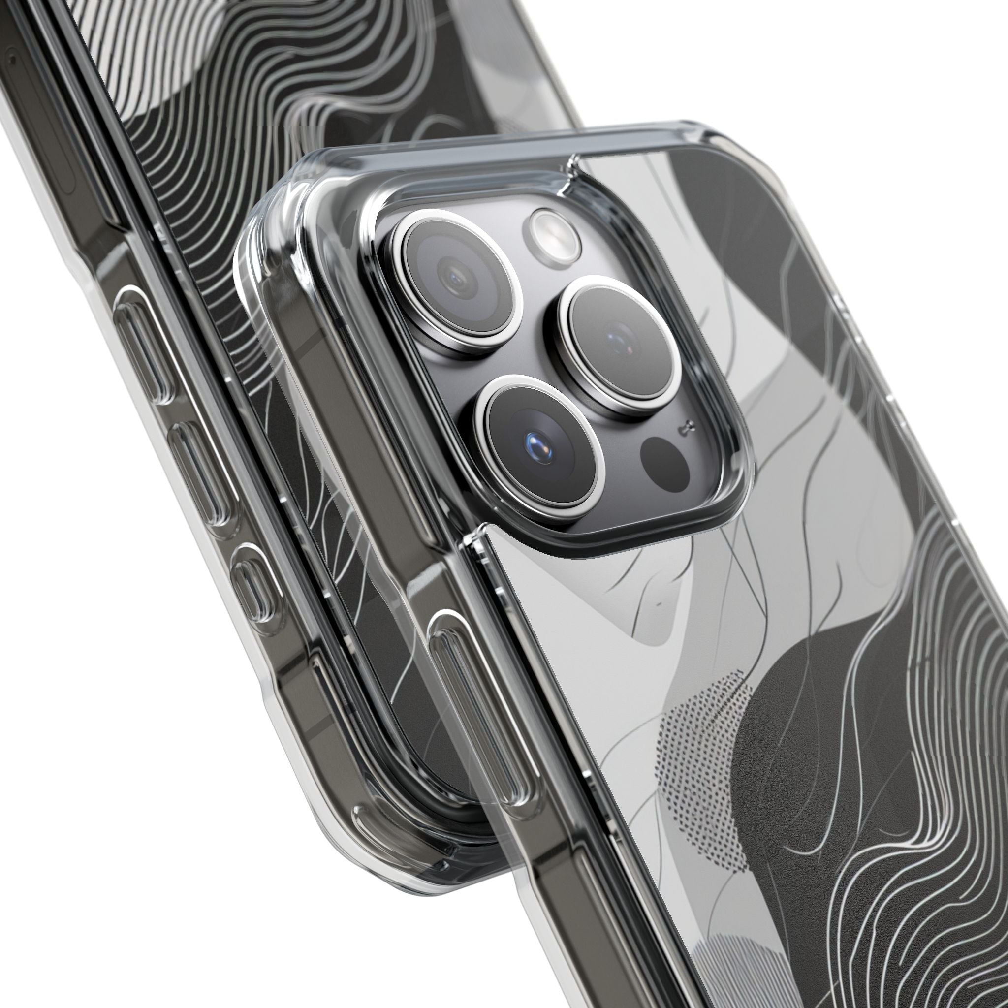 Fluid Rhythms: Monochrome Line Flow iPhone 15 - Clear Impact Phone Case