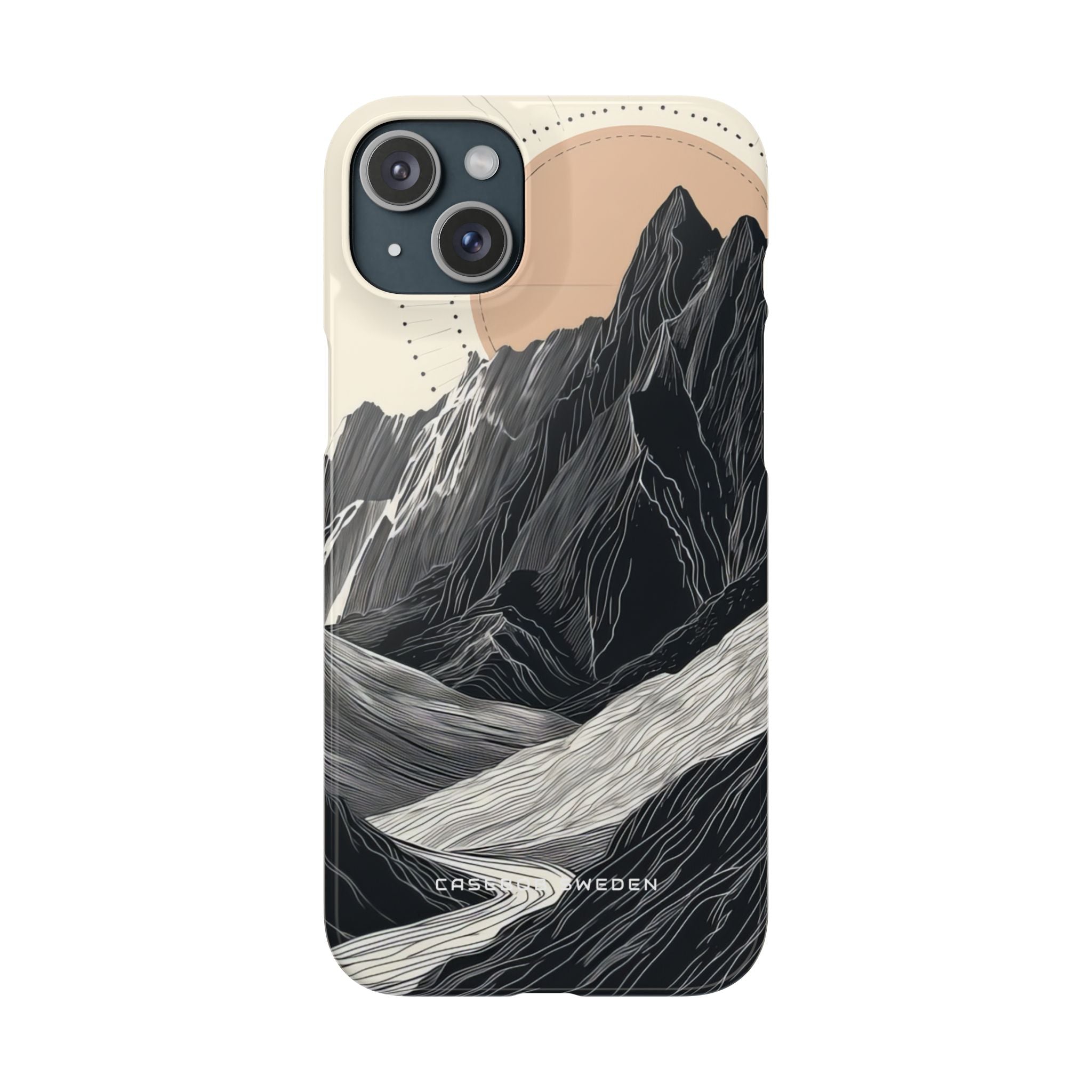 Minimalist Mountain Landscape with Flowing River iPhone 15 - Slim Phone Case