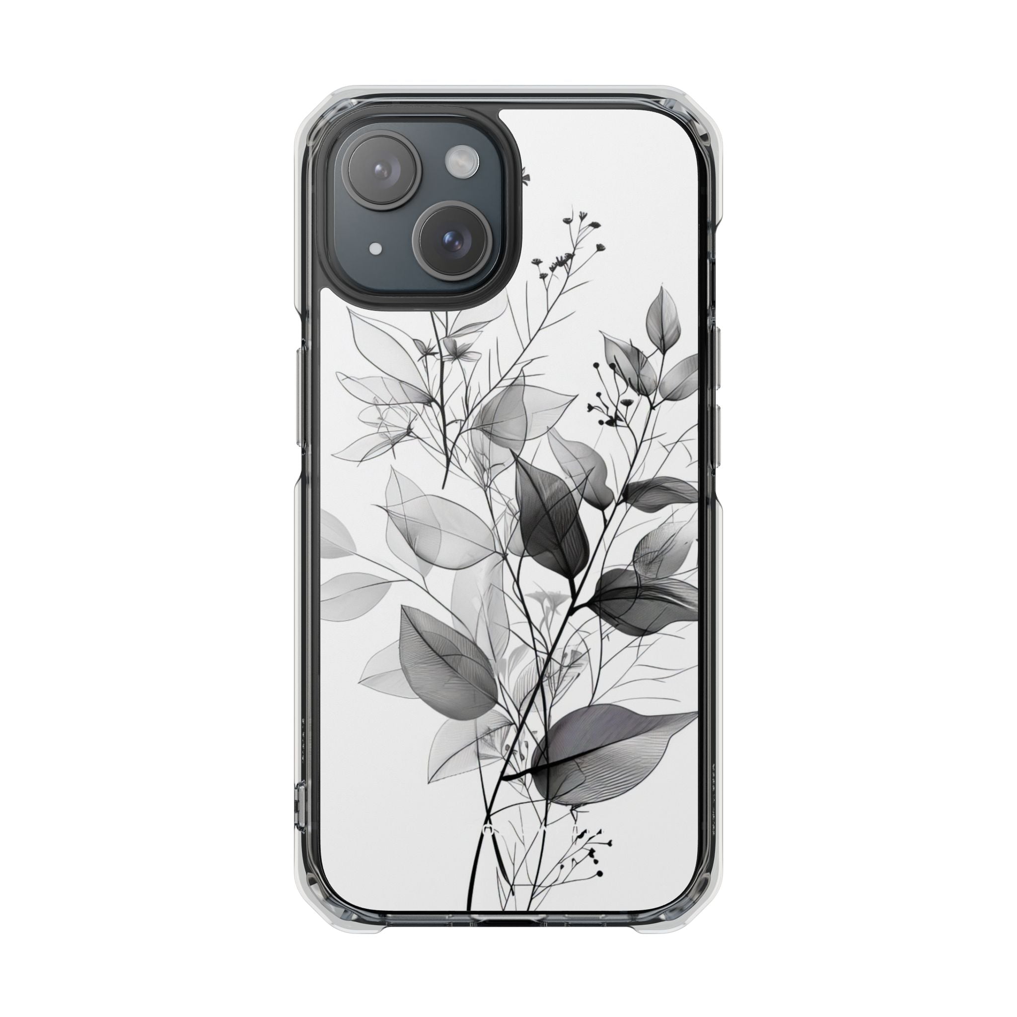 Monochrome Floral Elegance iPhone 15 - Transparente, stoßfeste Handyhülle