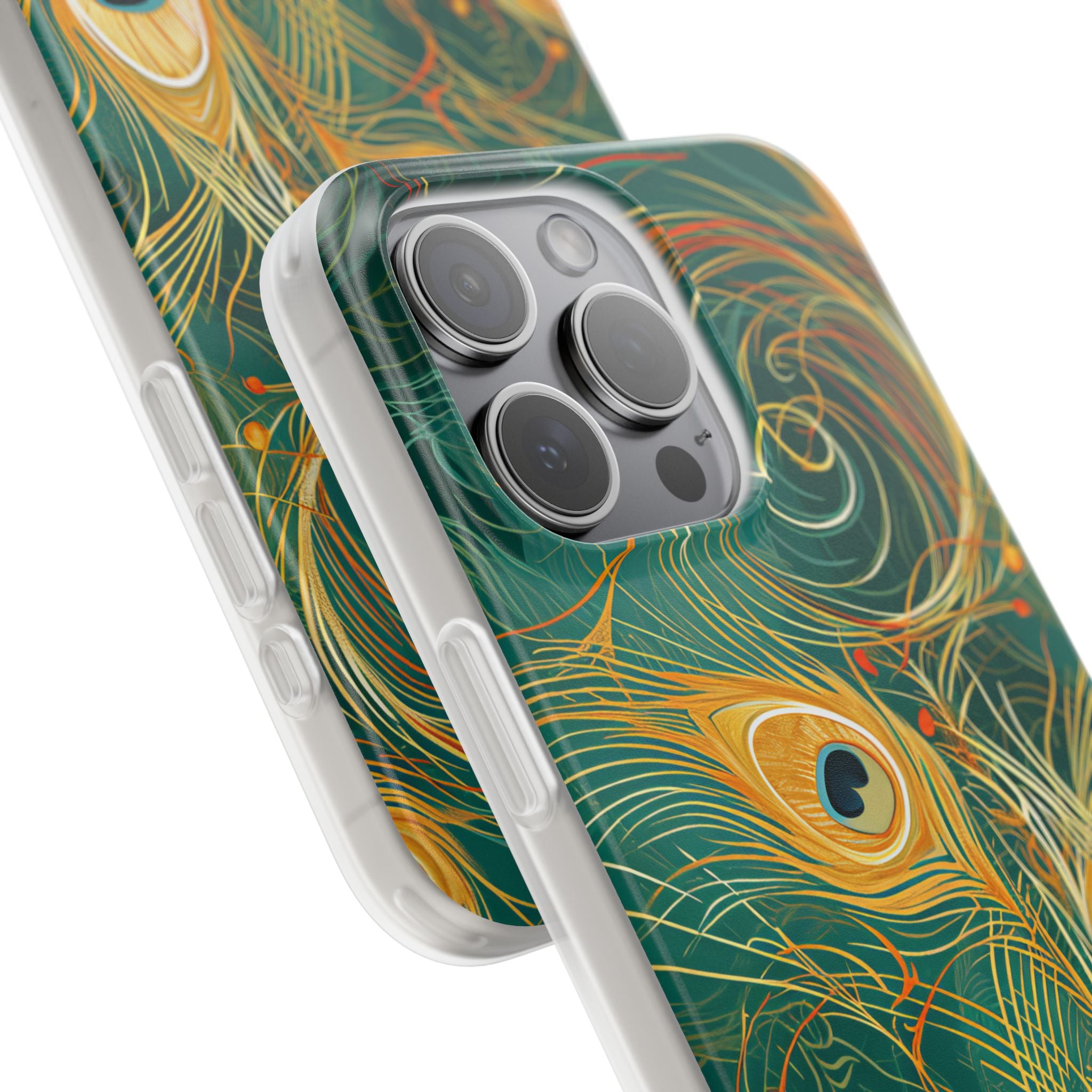 Peacock Elegance in Teal and Gold iPhone 15 - Flexi Phone Case