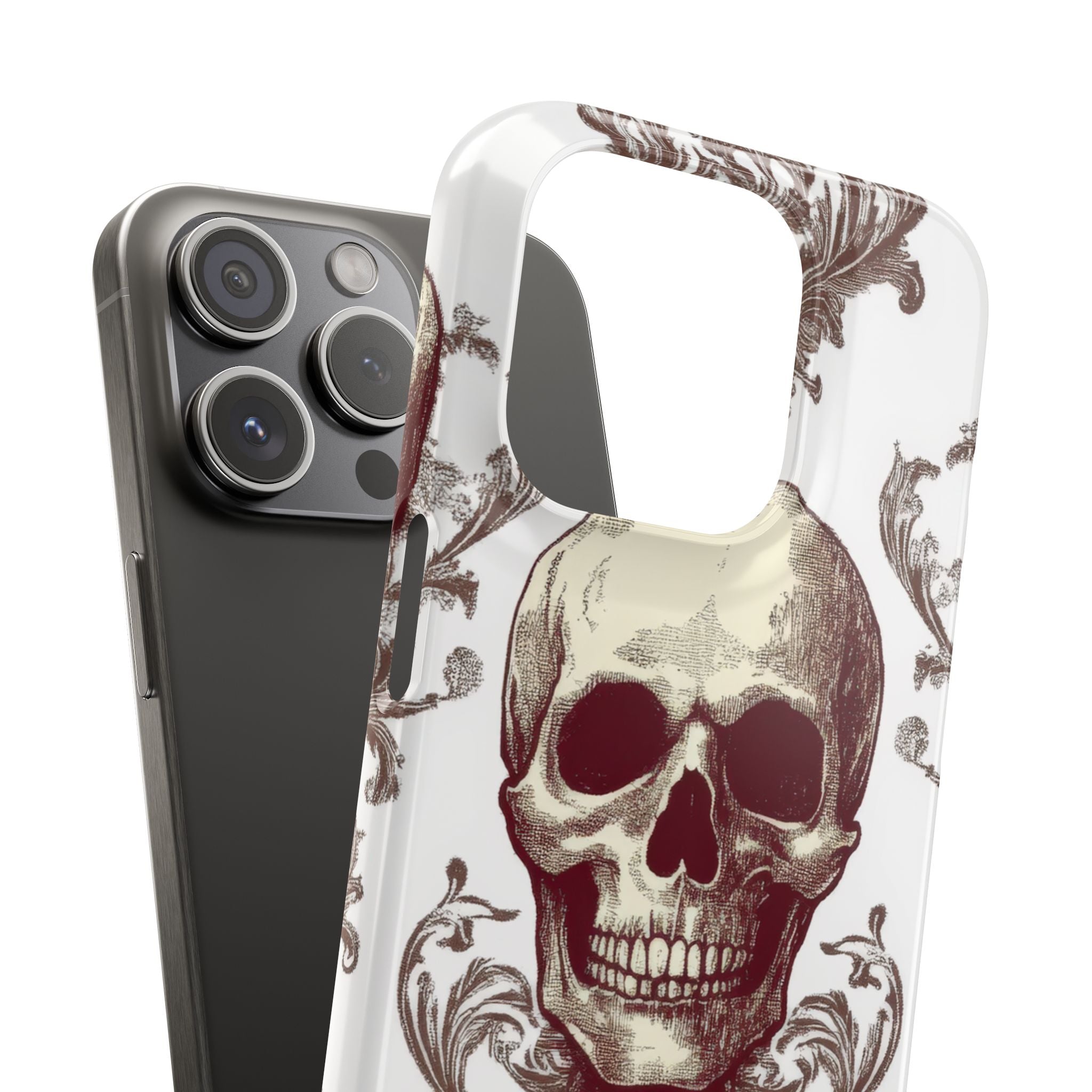 Gothic Skulls and Ornate Foliage iPhone 15 - Slim Phone Case