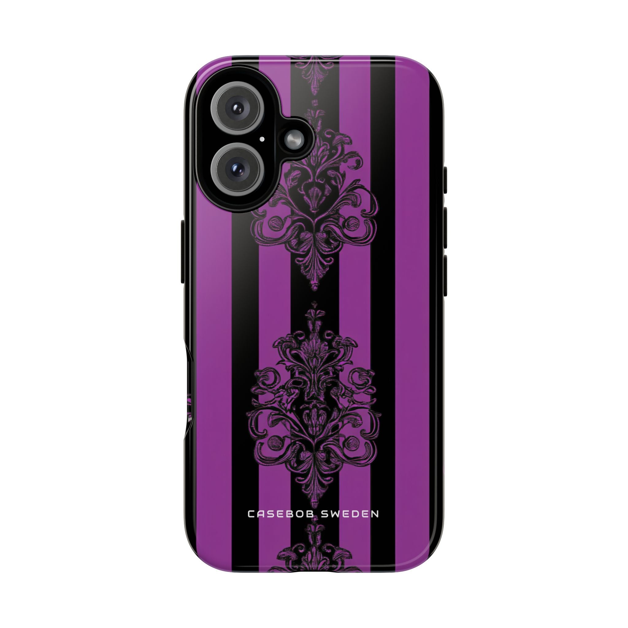 Gotische Eleganz mit vertikalen Streifen und Ornamentmotiven iPhone 16 - Robuste Handyhülle