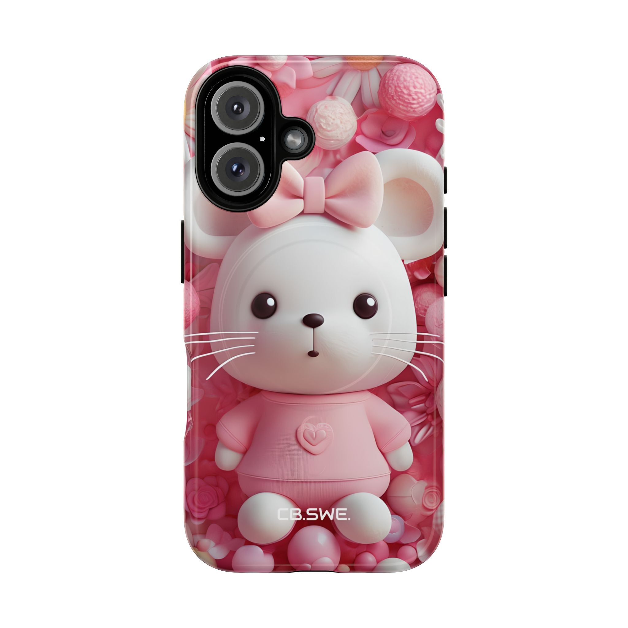 Adorable 3D Rendered White Mouse Plush Toy Floral iPhone 16 - Tough+