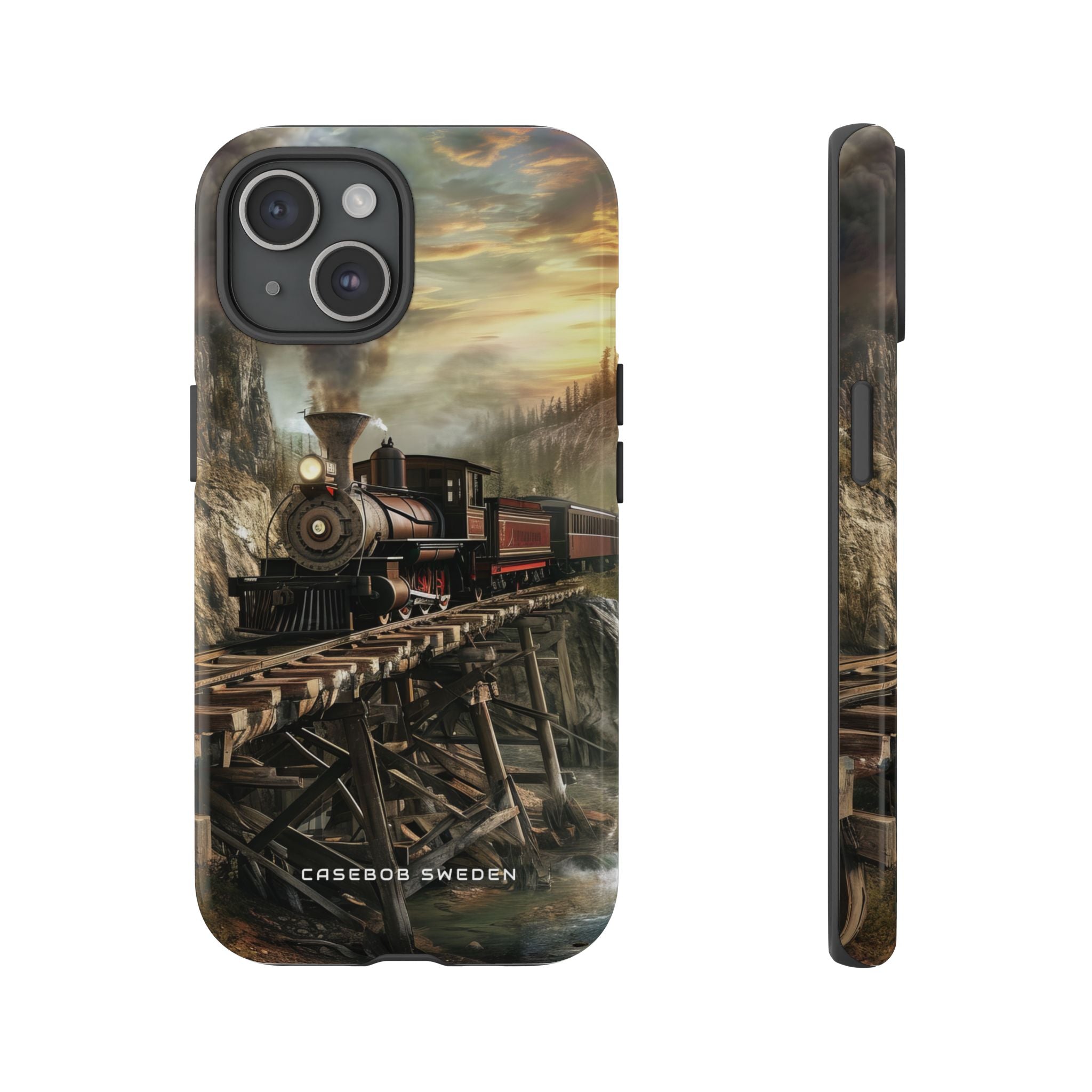 Vintage Steam Train Crossing Mountain Bridge iPhone 15 - Tough Phone Case