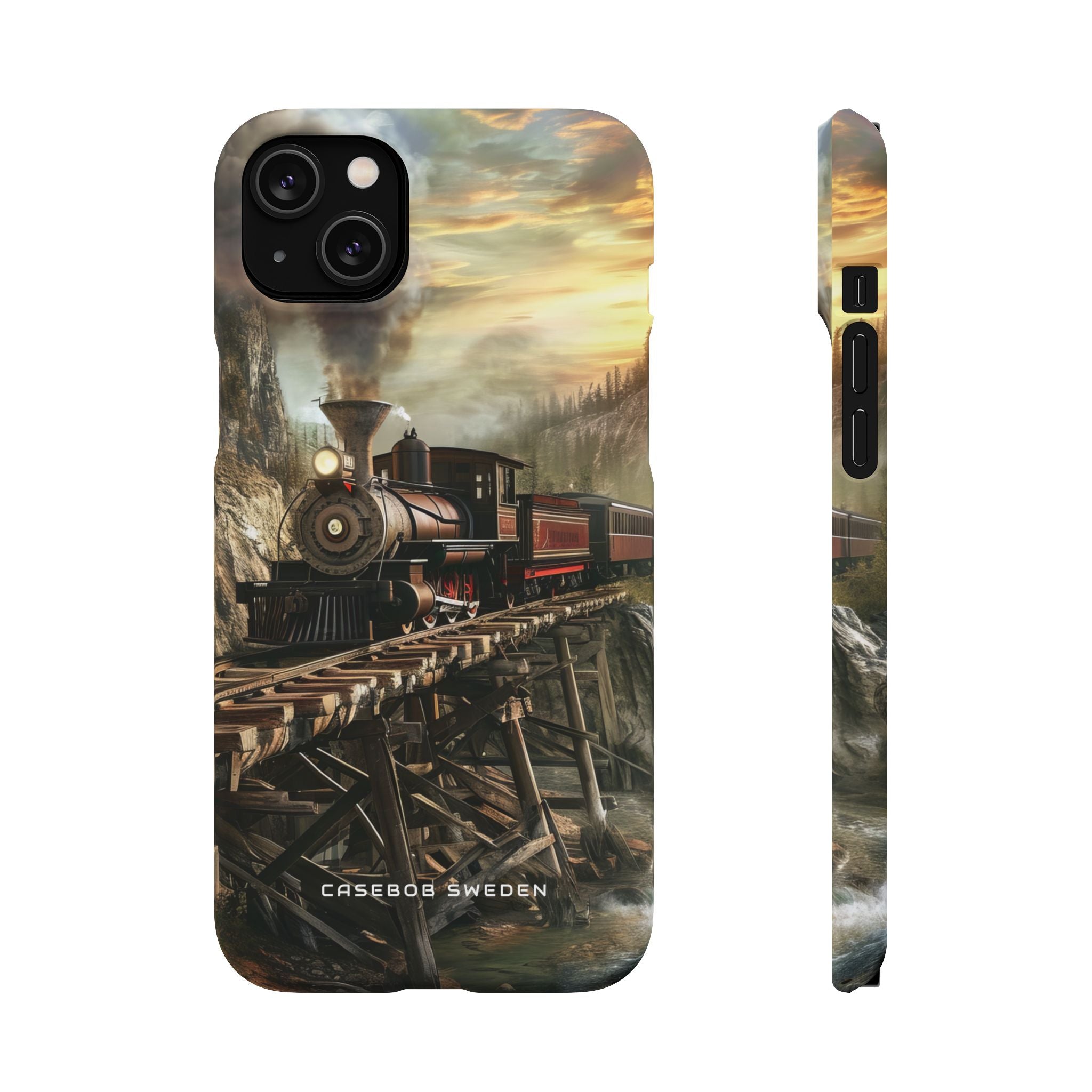 Vintage Steam Train Crossing Mountain Bridge iPhone 14 - Slim Phone Case