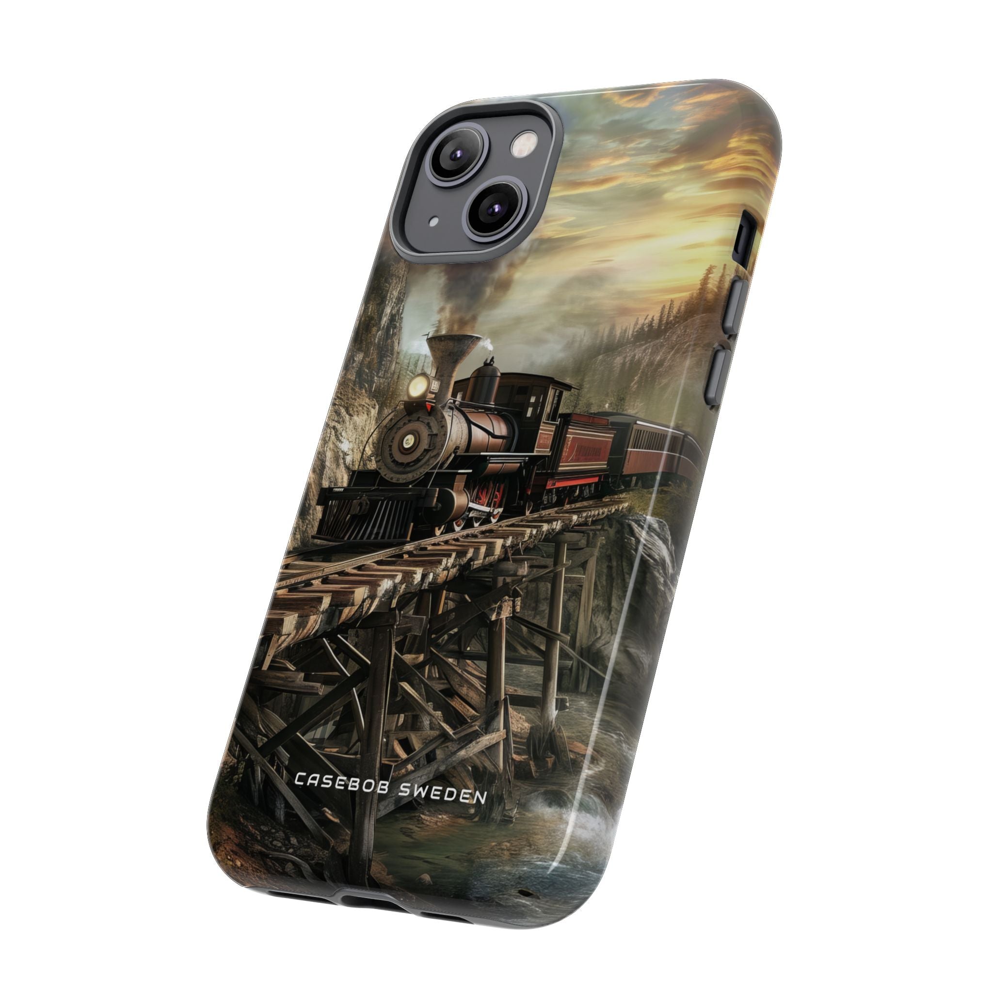 Vintage Steam Train Crossing Mountain Bridge iPhone 14 - Tough Phone Case