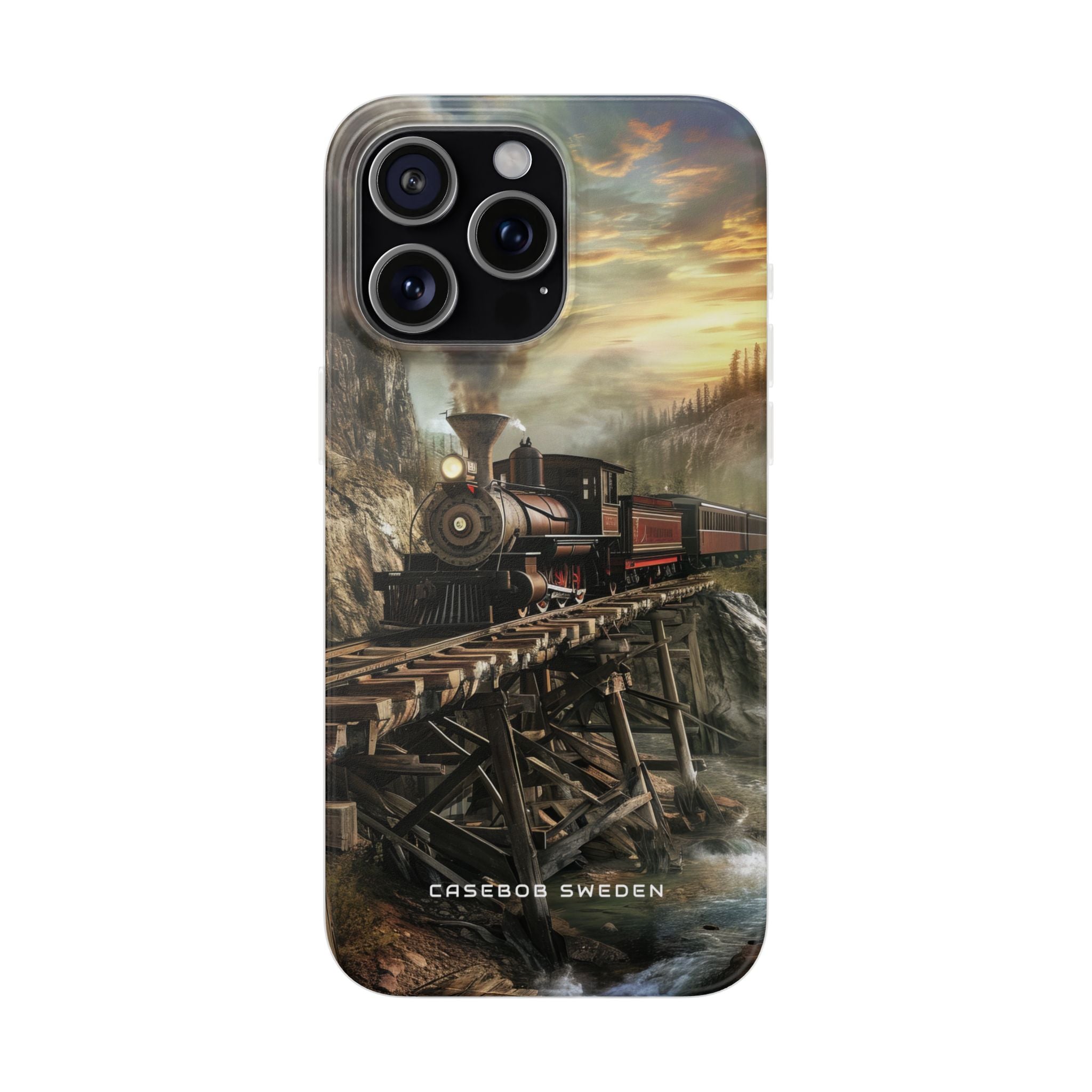 Vintage Steam Train Crossing Mountain Bridge iPhone 15 - Flexi Phone Case