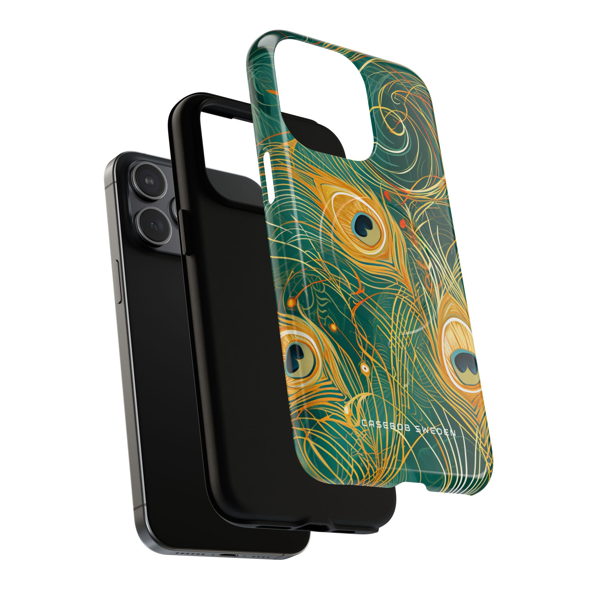 Peacock Elegance in Teal and Gold iPhone 15 | Tough+ Phone Case