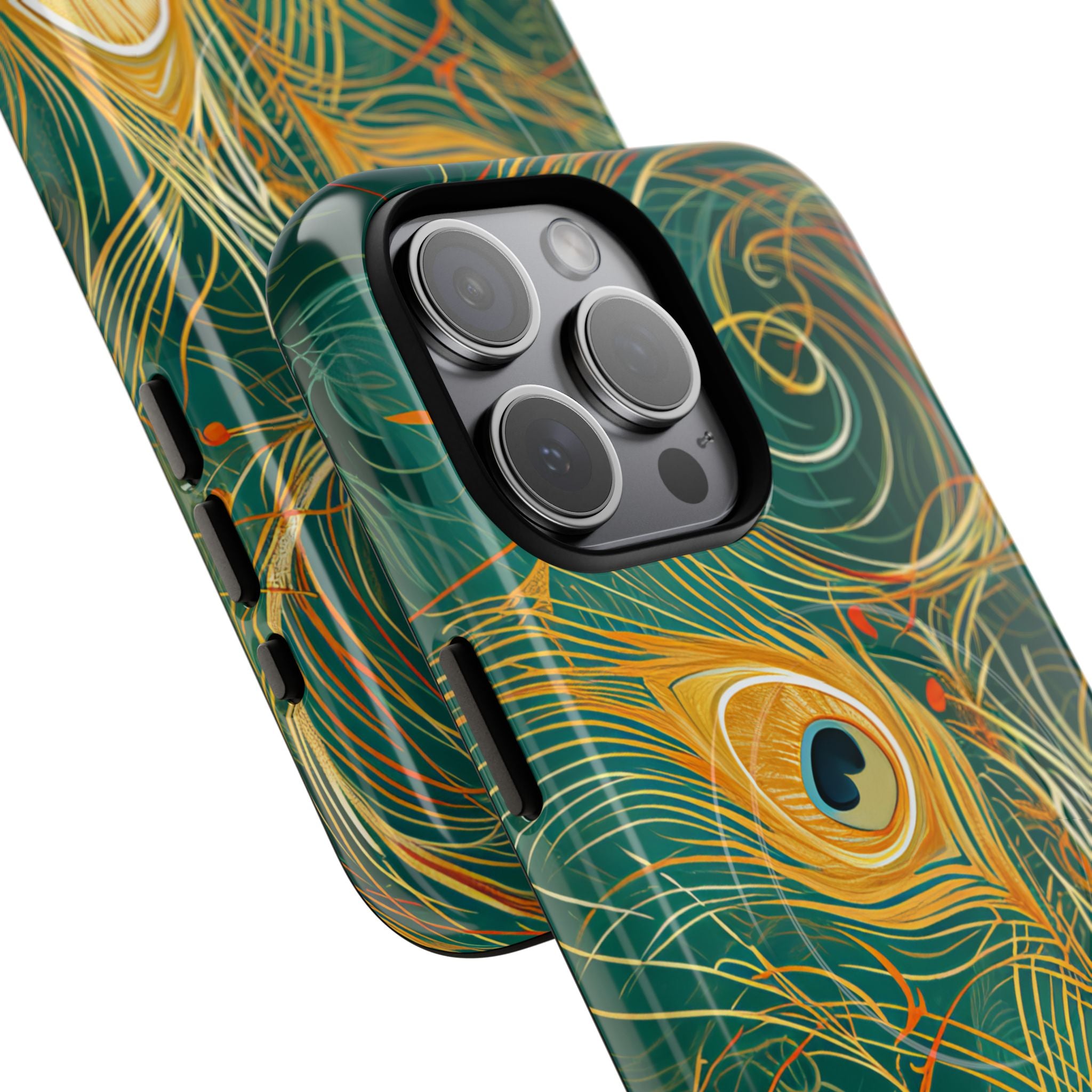 Peacock Elegance in Teal and Gold iPhone 15 | Tough+ Phone Case