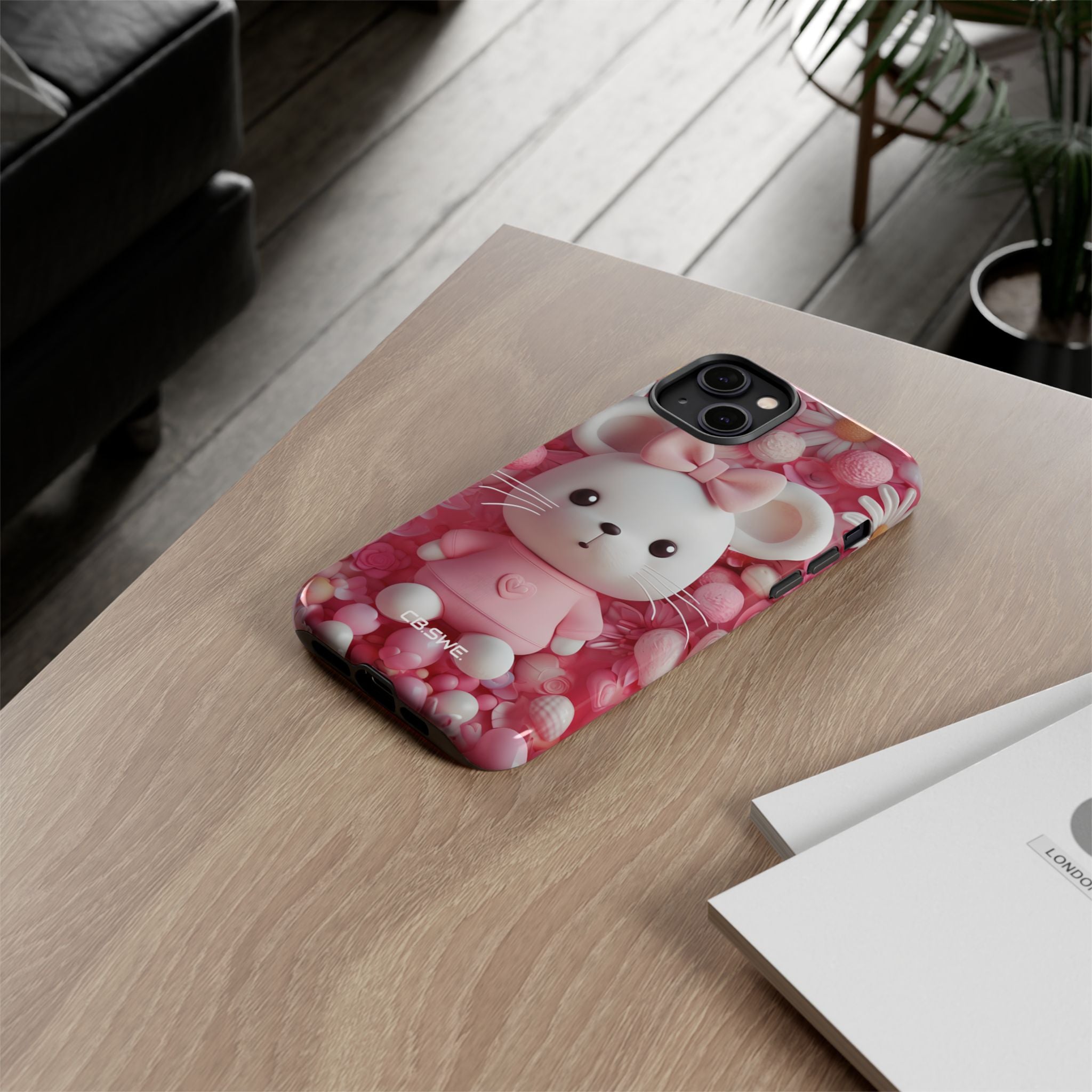 Adorable 3D Rendered White Mouse Plush Toy Floral iPhone 14 - Tough