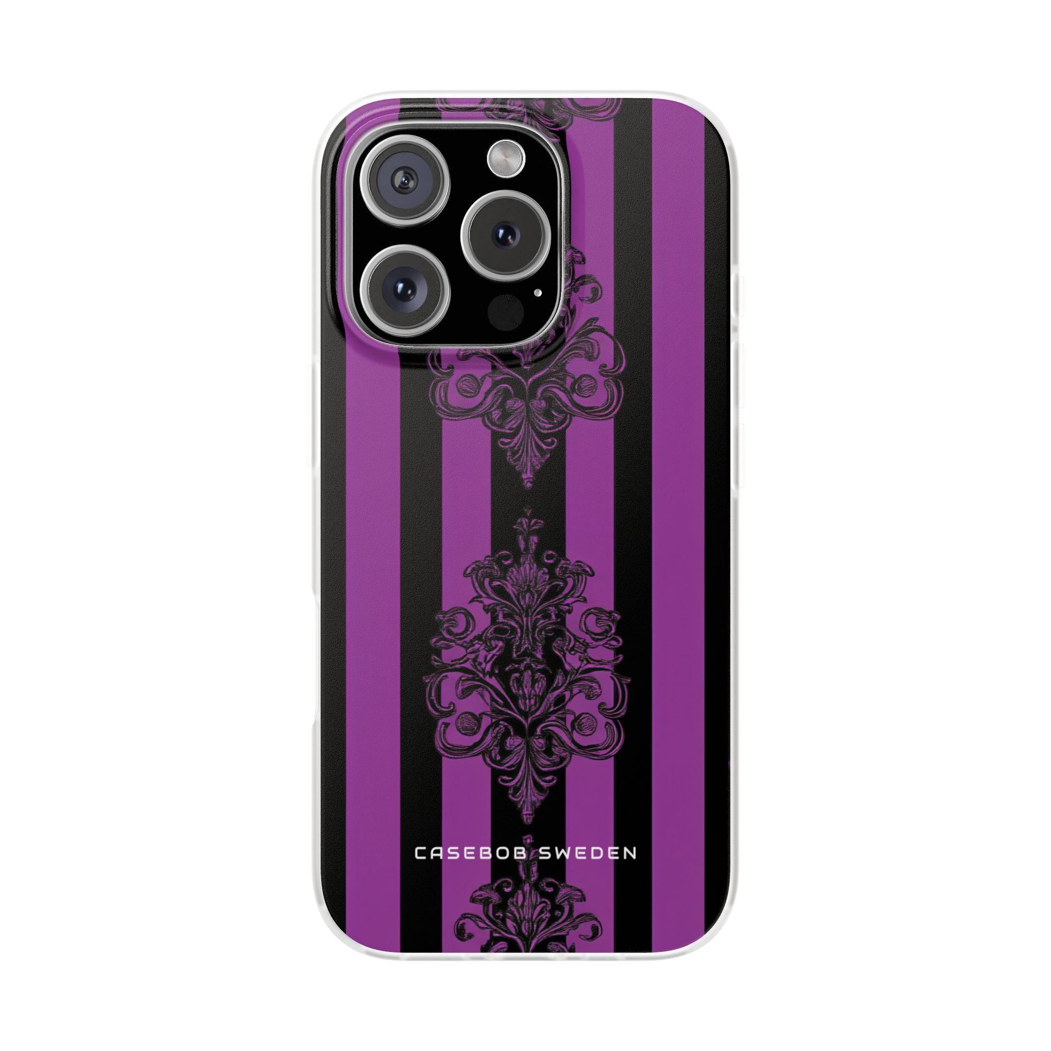 Gotische Eleganz mit vertikalen Streifen und Ornamentmotiven iPhone 16 - Flexi-Handyhülle