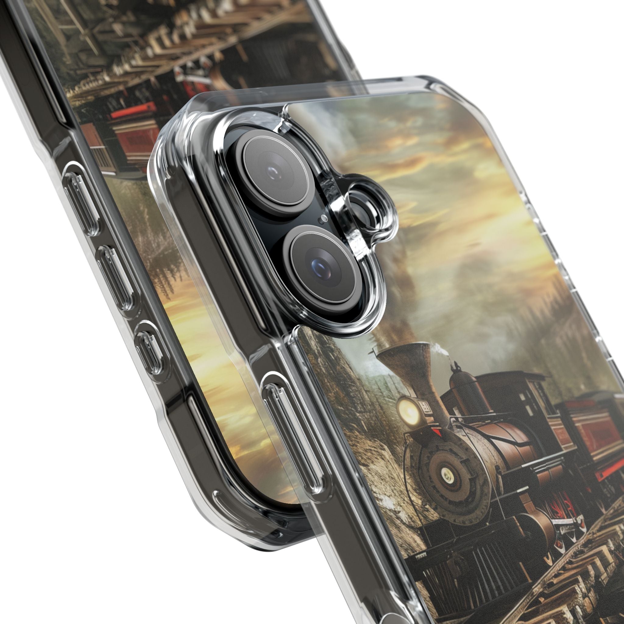 Vintage Steam Train Crossing Mountain Bridge iPhone 16 - Clear Impact Phone Case