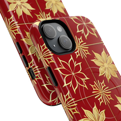 Elegant Gold Floral Seamless Rich Red iPhone 15 - Tough+
