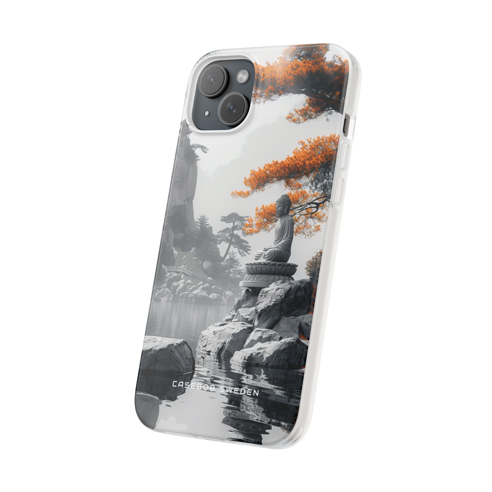 Zen Serenity: Tranquil Landscape with Buddha and Pagoda iPhone 15 - Flexi Phone Case