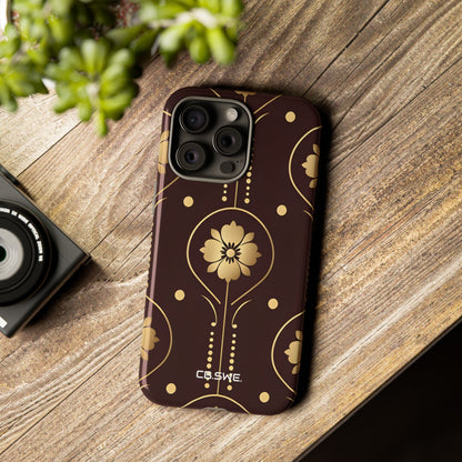 Elegant Gold Floral Symmetrical on Dark Brown iPhone 15 - Tough