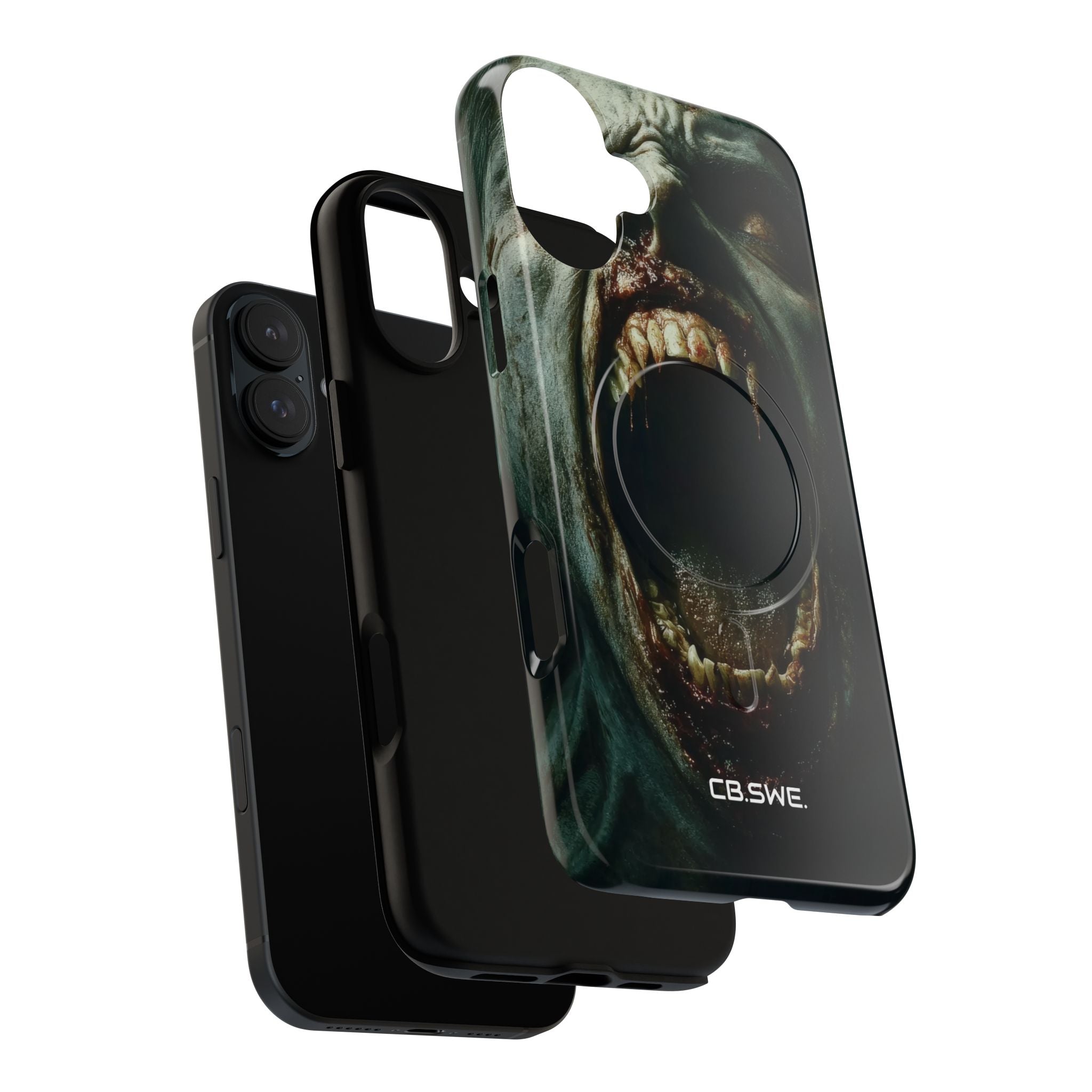 Ein Zombie mit scharfen Zähnen und offenem Mund, der Vampir zeigt. iPhone 16 – Robust+