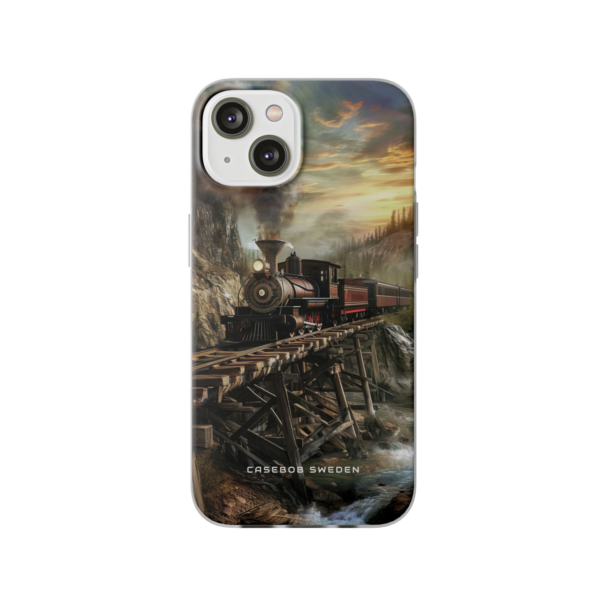 Vintage Steam Train Crossing Mountain Bridge iPhone 14 - Flexi Phone Case