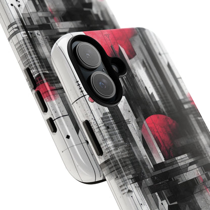 Crimson Gridlines Cityscape iPhone 16 - Tough