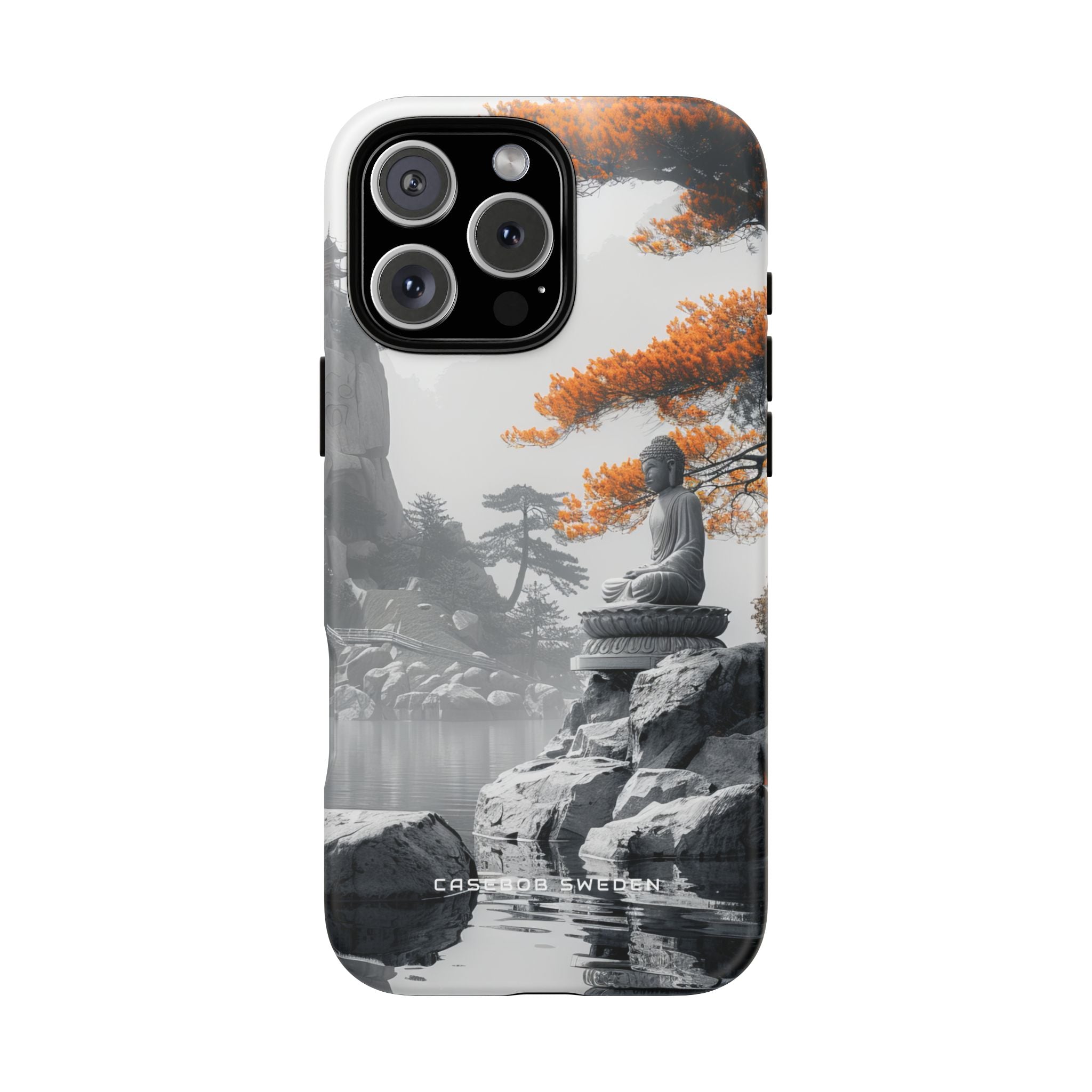 Zen Serenity: Tranquil Landscape with Buddha and Pagoda iPhone 16 - Tough Phone Case