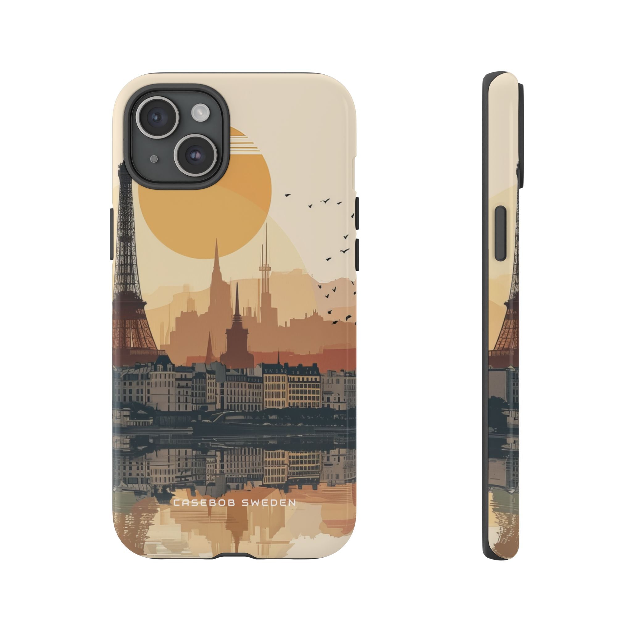 Eiffel Tower Silhouette with Birds and Sun Reflection iPhone 15 - Tough Phone Case