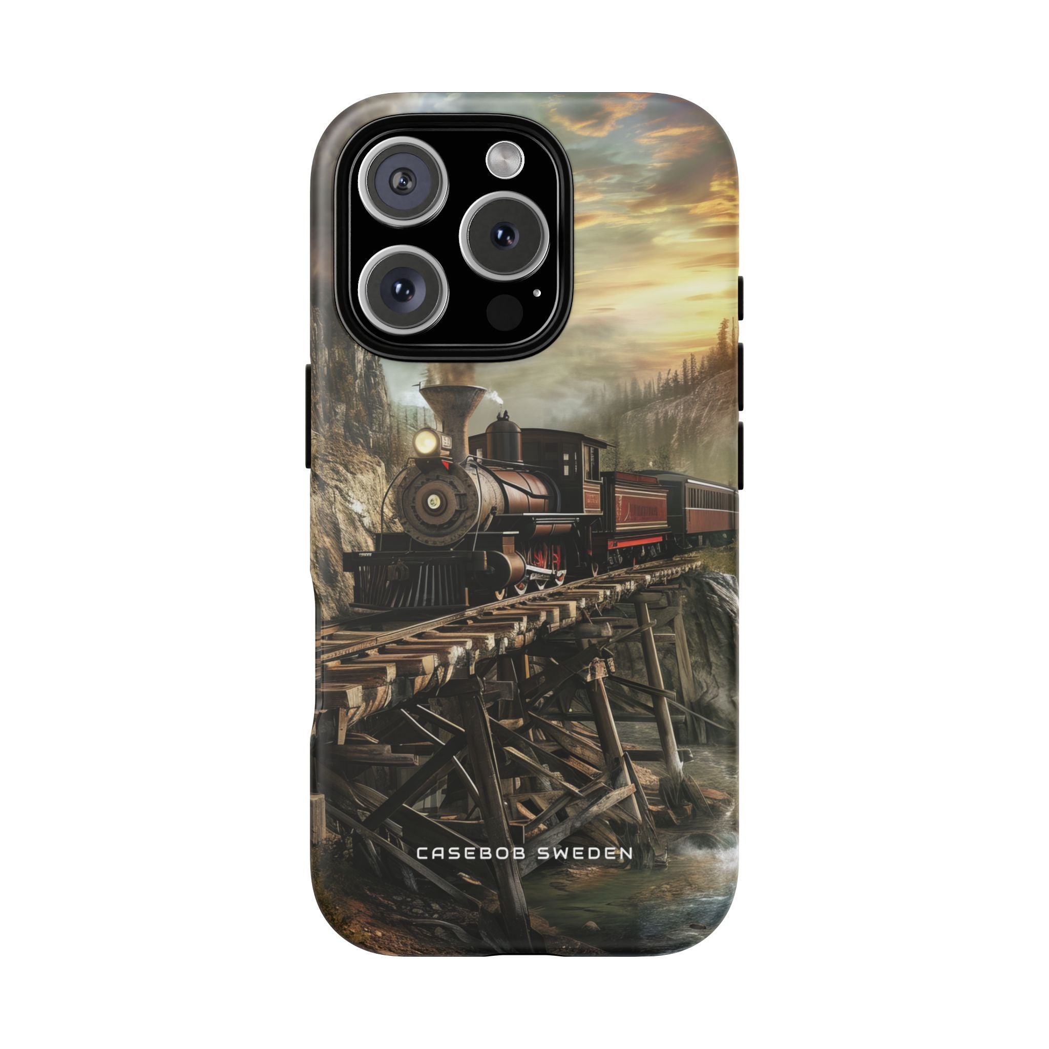 Vintage Steam Train Crossing Mountain Bridge iPhone 16 - Tough Phone Case