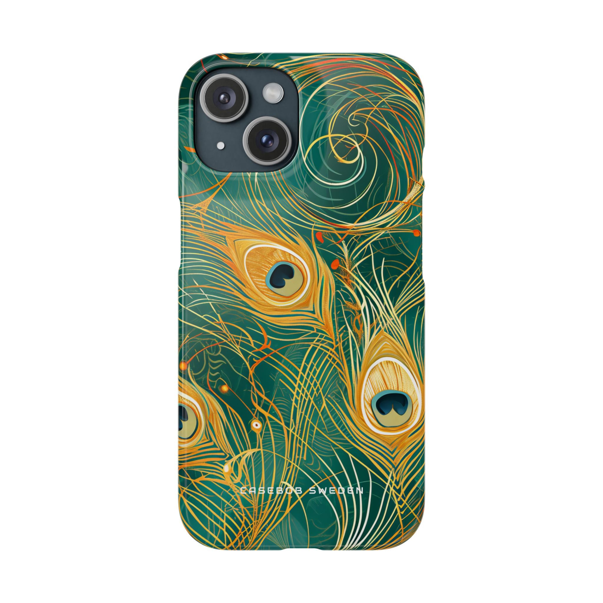 Peacock Elegance in Blaugrün und Gold iPhone 15 - Schlanke Handyhülle